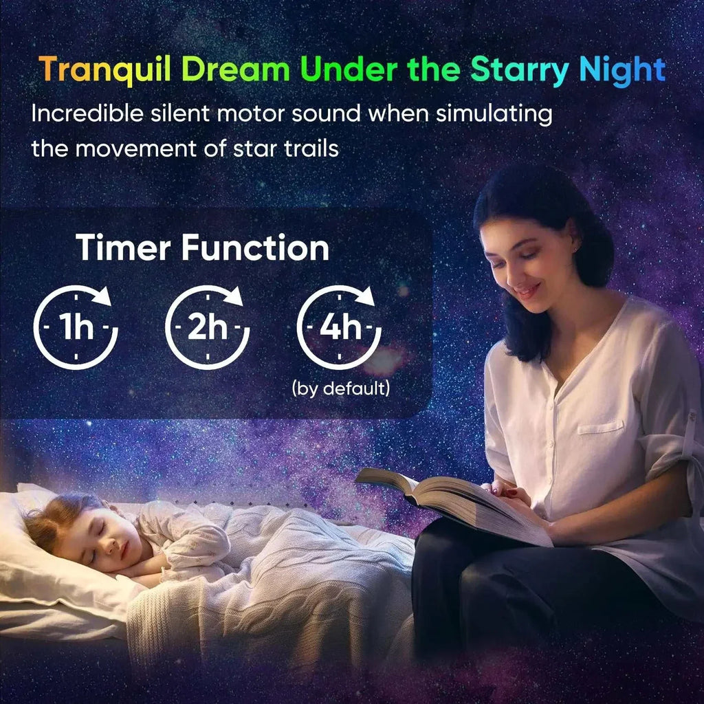 Galaxy projector for bedroom with LED night light, star trail simulation, and timer function for kids and adults room decor