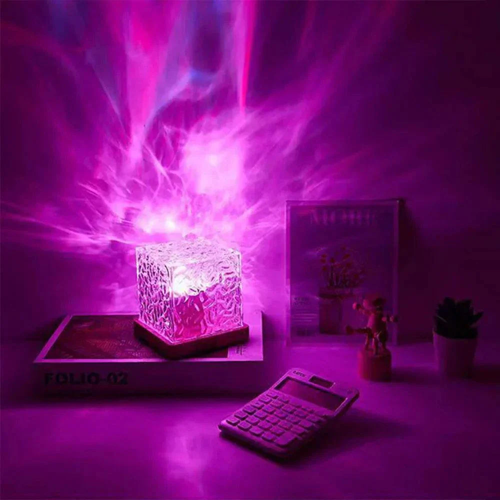 New Northern Light starry sky projector lamp casting purple aurora effect on room ceiling with decorative items nearby