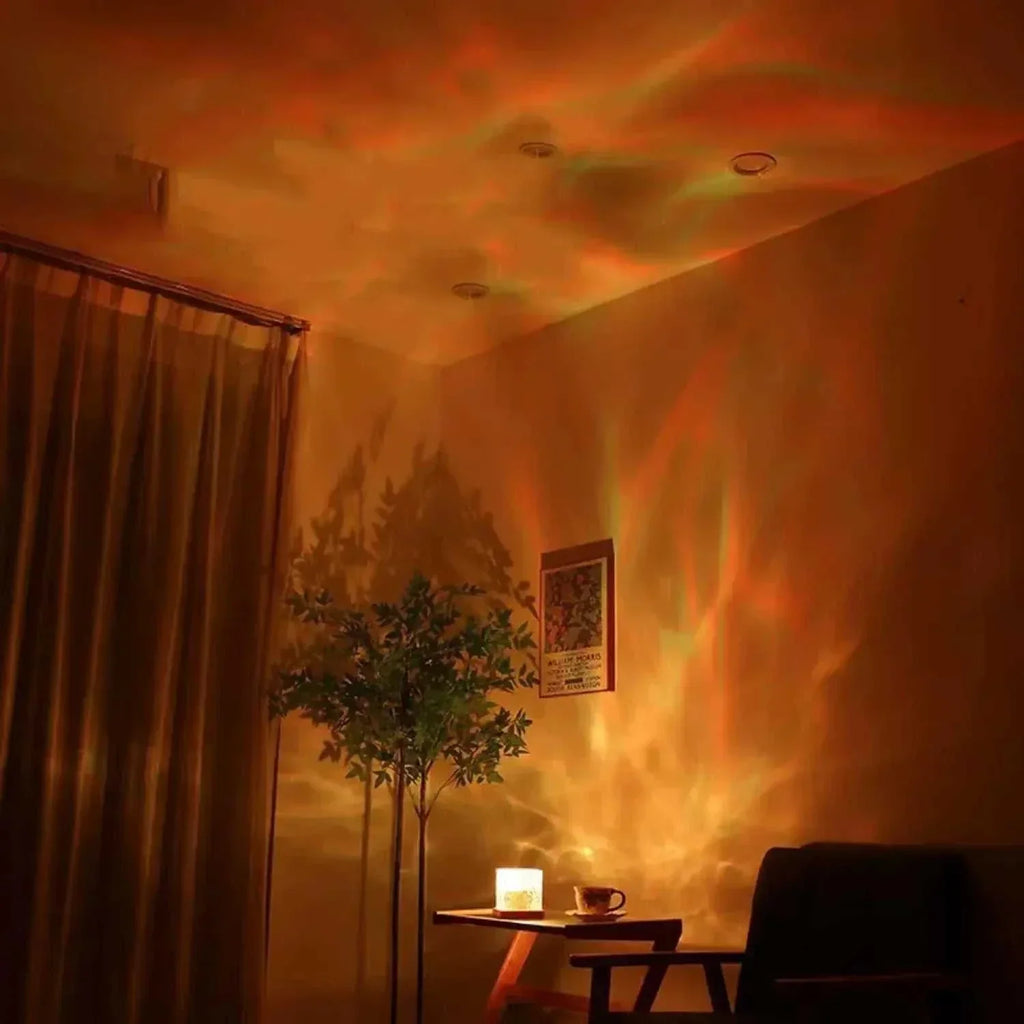 ocean wave projector light casting colorful aurora glow on room walls with warm ambient lighting and water drop shape design