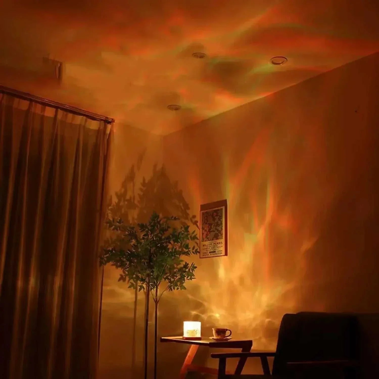 ocean wave projector light casting colorful aurora glow on room walls with warm ambient lighting and water drop shape design