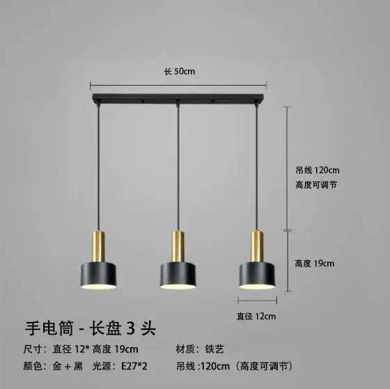 Nordic Simple Three-Chandelier Lamp with black and gold metal frame, adjustable 120cm height, and pendant lights for modern living room and dining decor
