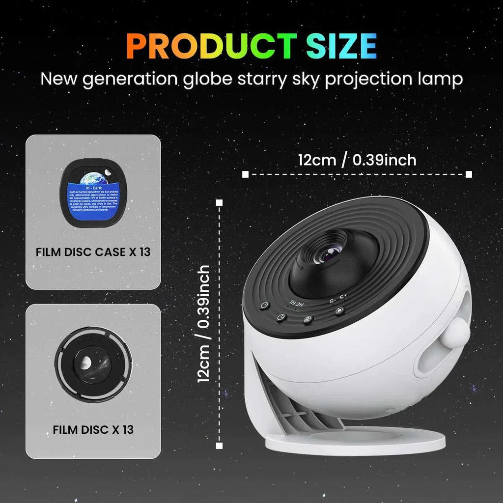 2025 Planetarium Galaxy Star Projector with 360° rotation, HD LED night light for room ceiling, 12cm round ABS body.