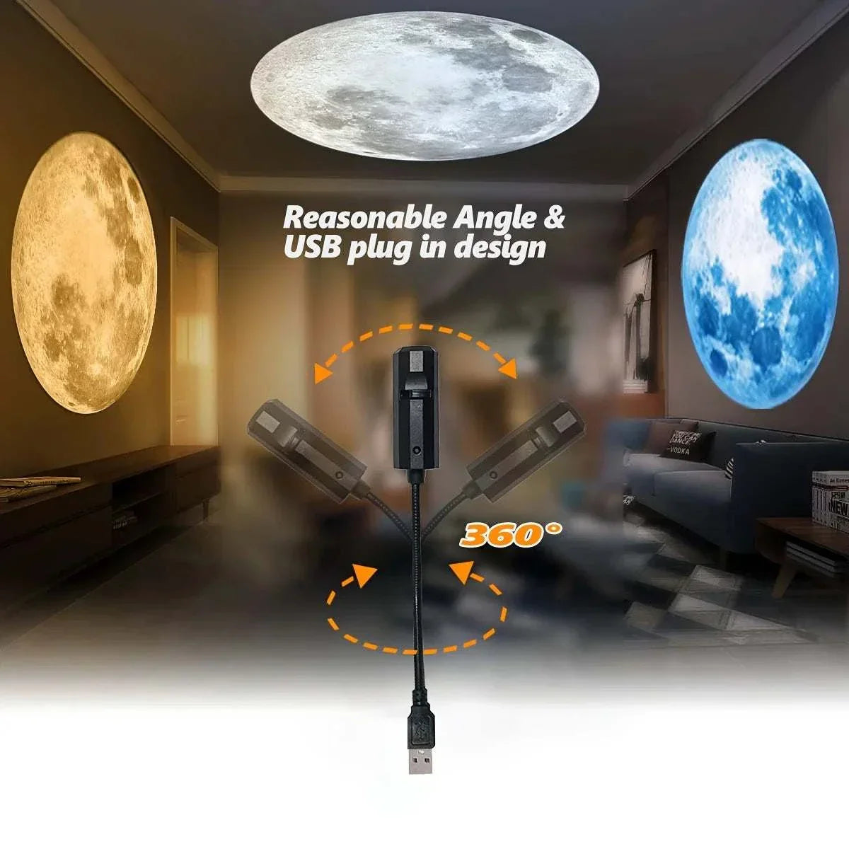 Moon projection lamp with three color options and 360-degree adjustable USB plug for ambient room lighting