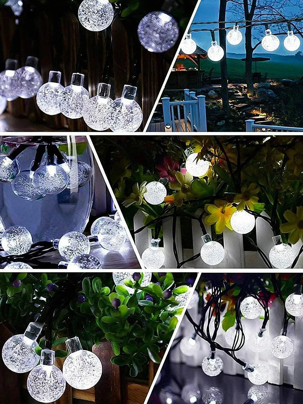 Solar Bubble Ball String Lights glowing outdoors and indoors with warm white LED on a garden patio and holiday decorations