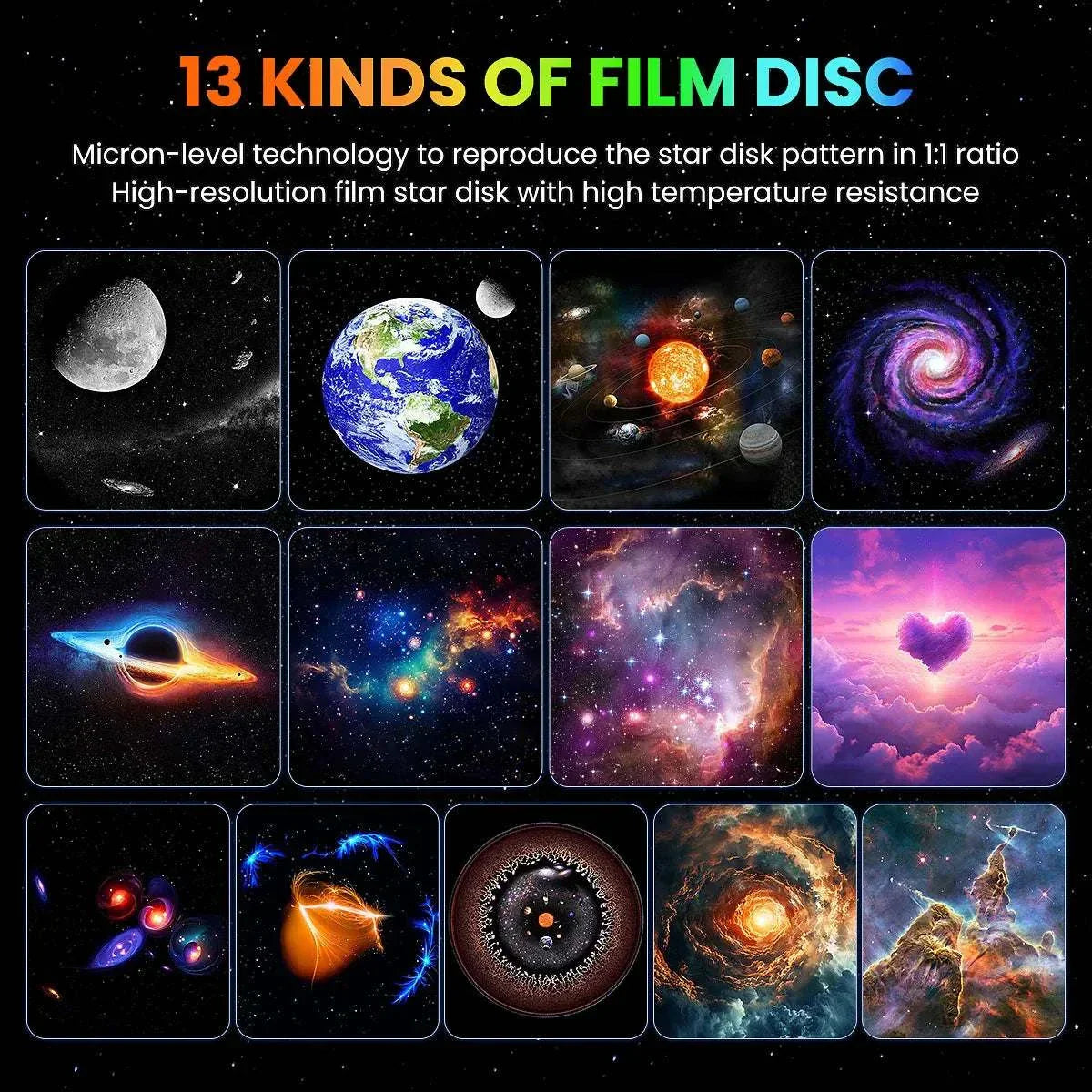 Planetarium galaxy star projector with 13 film discs showing detailed celestial and space scenes for room ceiling projection