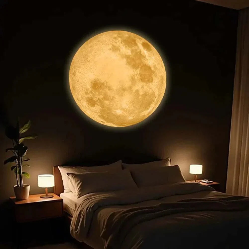 Moon projection lamp casting warm yellow light above bed in cozy bedroom setting creating romantic ambiance