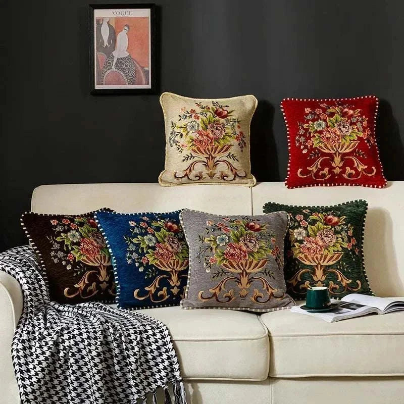 Set of colorful jacquard flower cushion pillowcases with high precision embroidery on a living room sofa