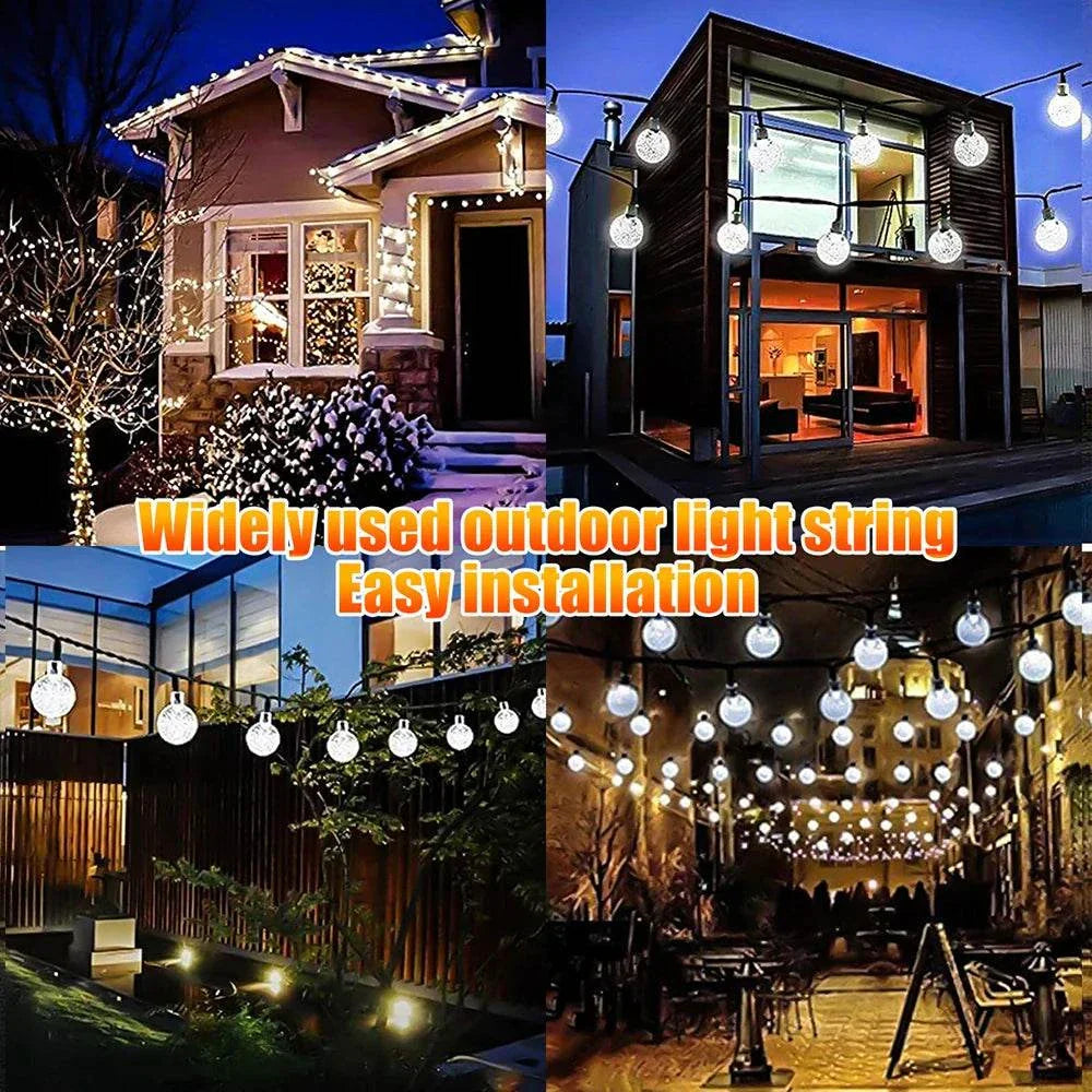 Solar bubble ball string lights hanging outdoors on houses and garden patios for decorative lighting.