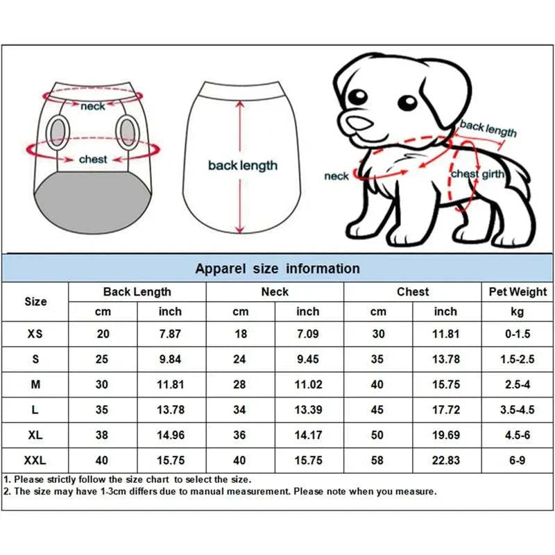 Soft fleece warm dog clothes size chart for small puppies showing back length, neck, chest measurements, and pet weight guidance