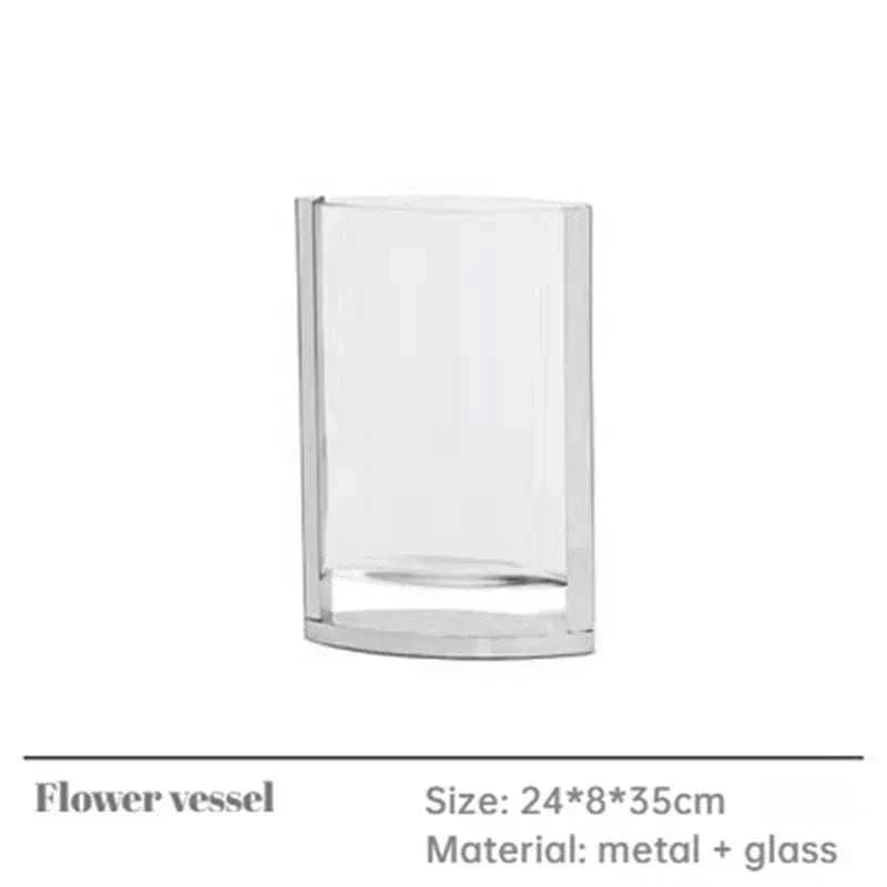 Modern clear glass vase with metal base for home decor and hydroponics, 24x8x35cm.