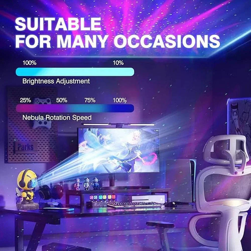 Star Projector Galaxy Night Light displaying colorful nebula and stars in a dark room with brightness and rotation settings