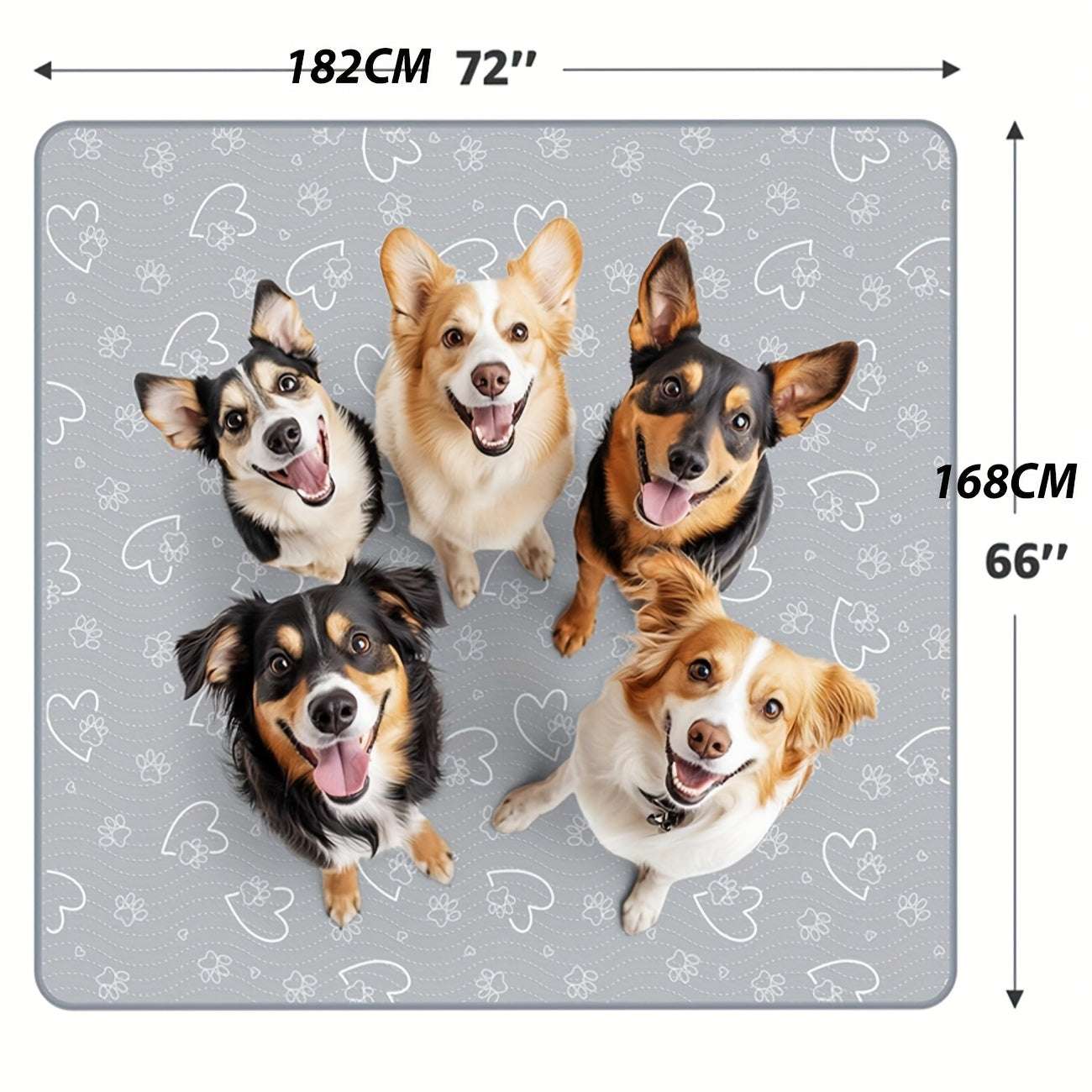 Large gray comfortable pet mat with paw and heart prints, featuring five happy dogs, non-slip and washable for dog crates, car seats, sofas, and floors.