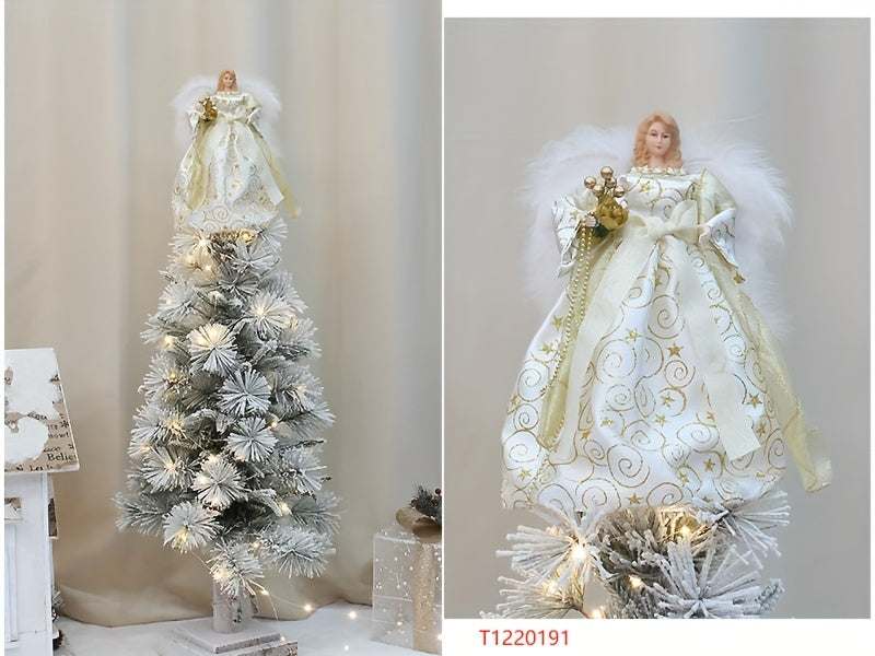 White and gold angel Christmas tree topper with fabric dress and feather wings on frosted tree