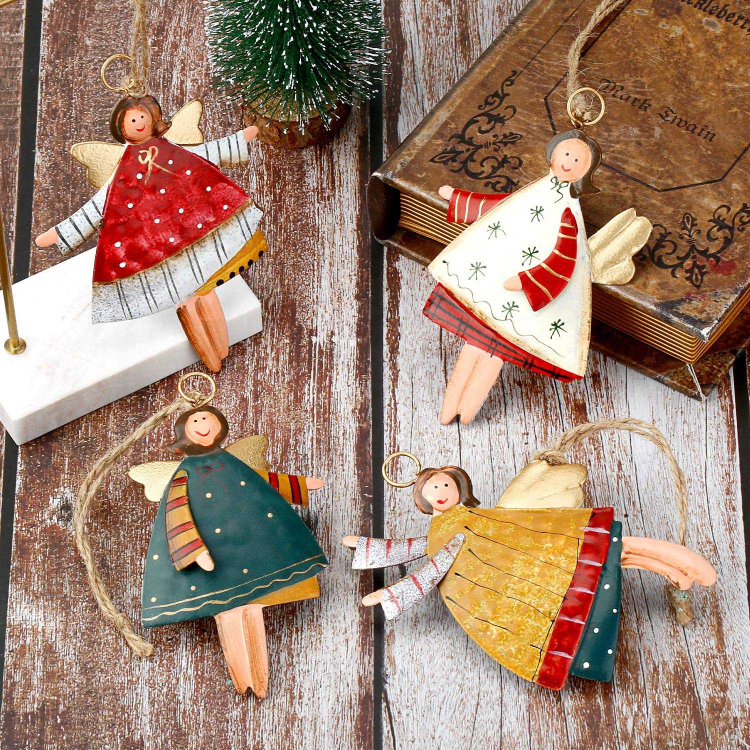 Set of 4 painted metal angel ornaments for Christmas tree and holiday decoration