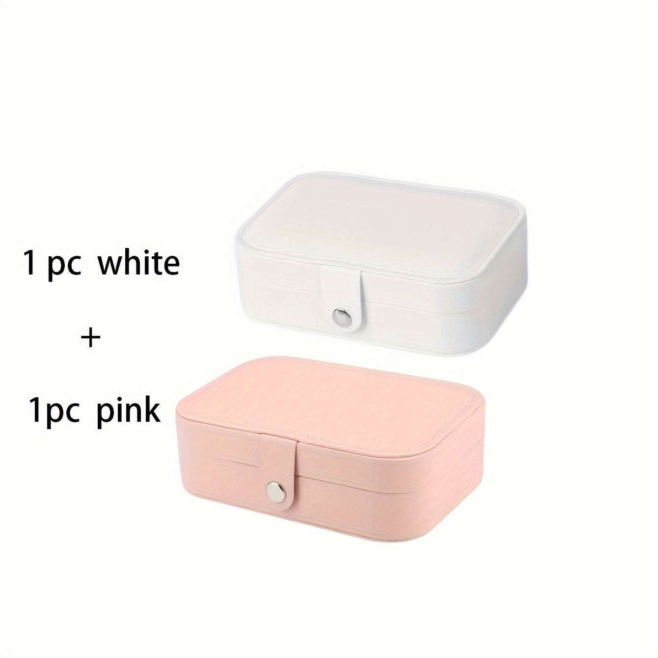 Portable jewelry travel case set in white and pink with button closure and leather exterior.