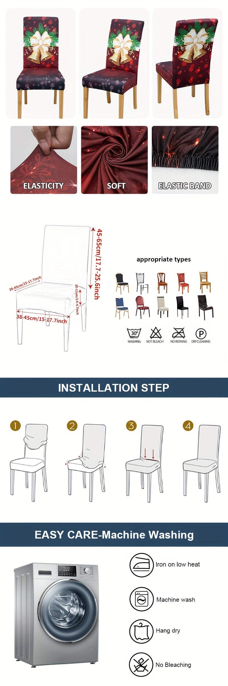 Milk velvet elastic Christmas red bell pattern dining chair slipcovers set