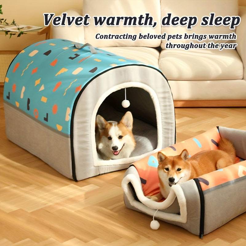 Large washable semi-enclosed pet house with velvet warmth for dogs and cats