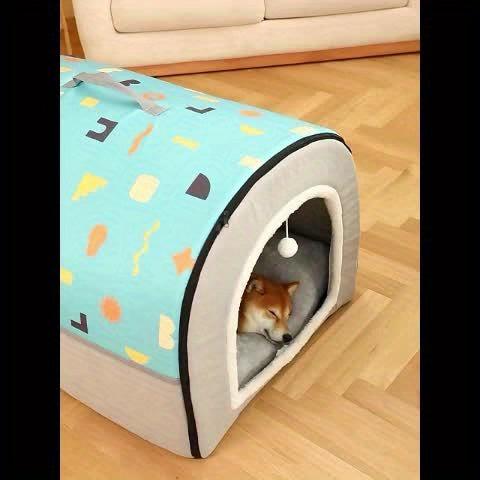 Semi-enclosed washable pet house for dogs and cats with winter warm design and colorful pattern