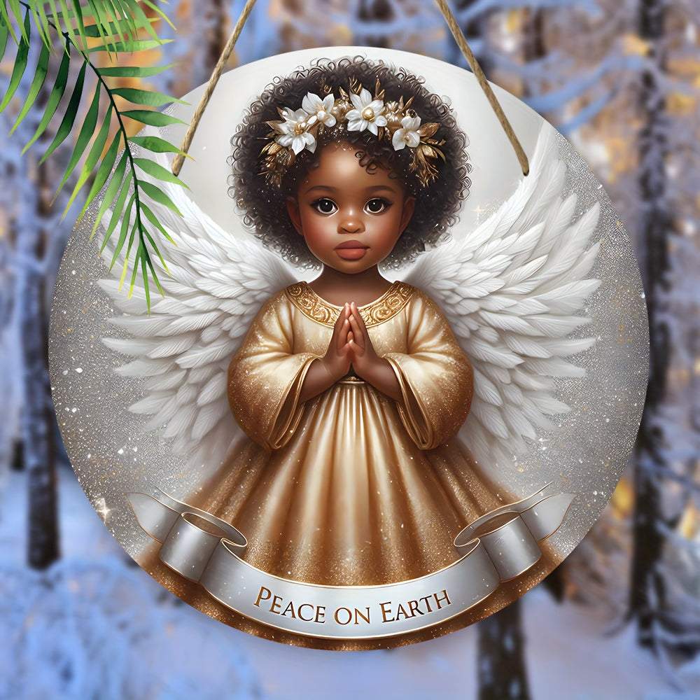 Festive 8x8 inch non-black angel wall decoration with wings, golden robe, floral crown, and "Peace on Earth" banner, printed on wood and hanging with rope.