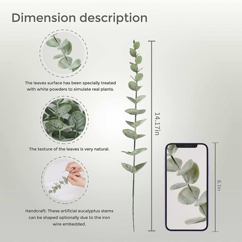 Realistic 18pcs artificial eucalyptus stems with lifelike green leaves, 15-inch durable plastic, perfect for wedding bouquets and home decor