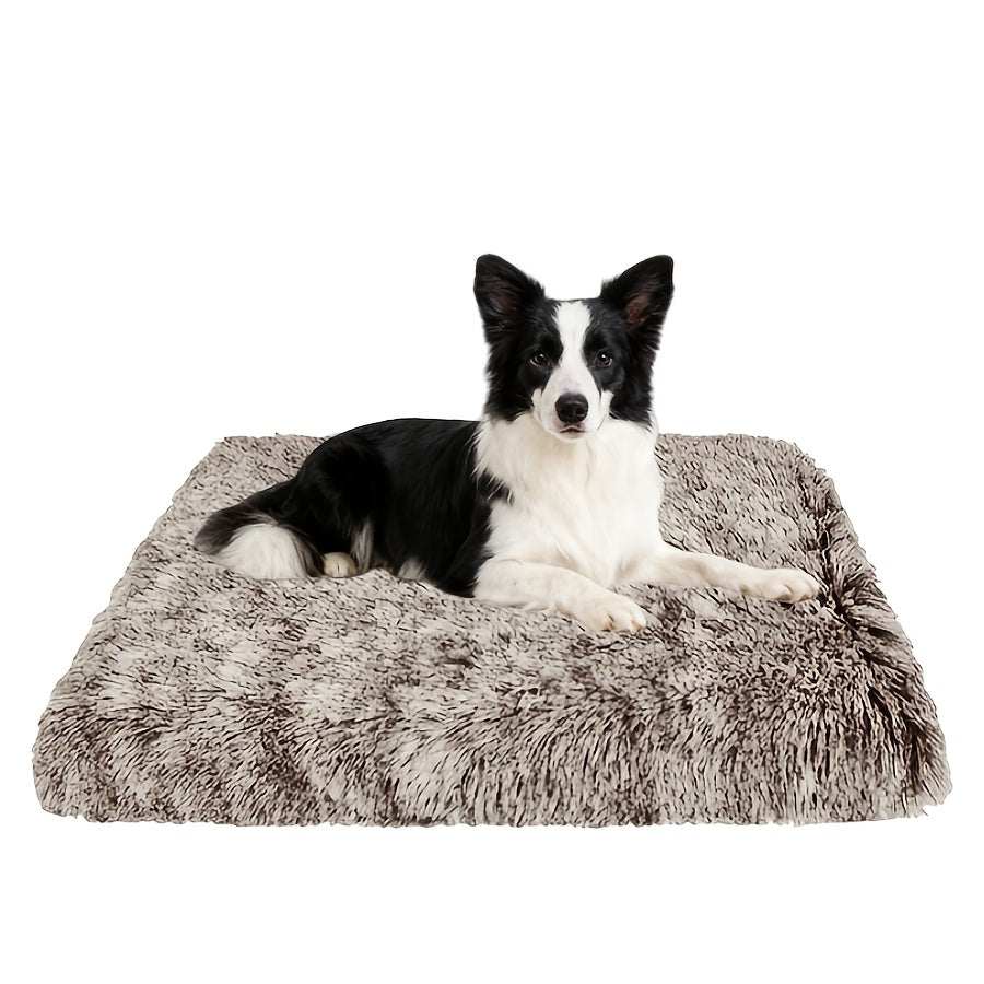 Plush rectangular dog bed with non-slip bottom and soft fur texture, suitable for small to large dogs and cats.