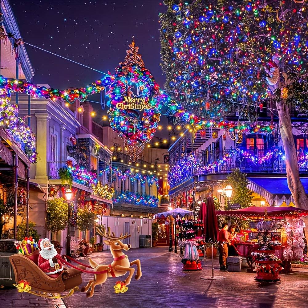 Outdoor solar string light decorating festive street with Christmas ornaments and lights