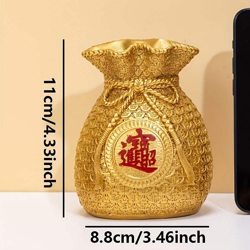 Golden Chinese style money bag ornament with intricate patterns for home decor, 11cm tall and 8.8cm wide