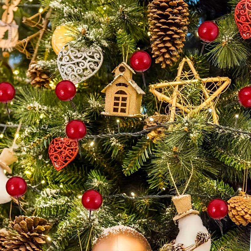 Christmas tree decorated with vibrant mixed color artificial red berries, pinecones, and holiday ornaments