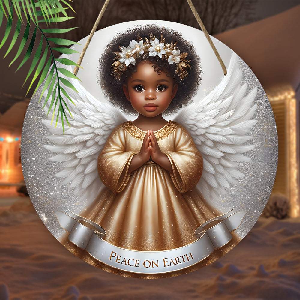 Festive 8"x8" wood wall decoration of a non-black angel in gold dress with white wings and "Peace on Earth" banner
