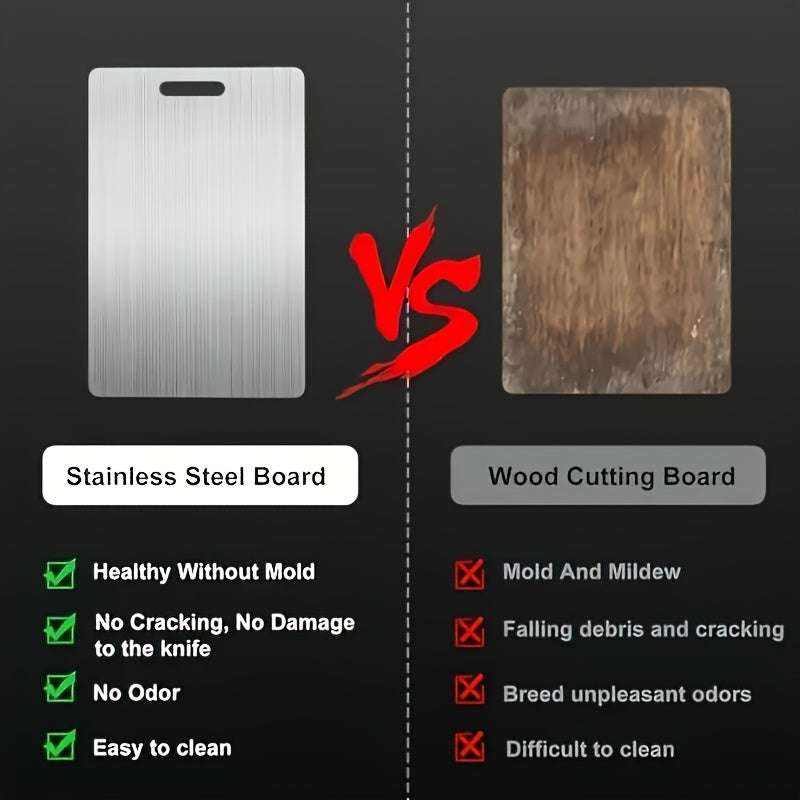 Premium high-quality double-sided stainless steel chopping board for kitchen use, durable, food safe, and easy to clean.