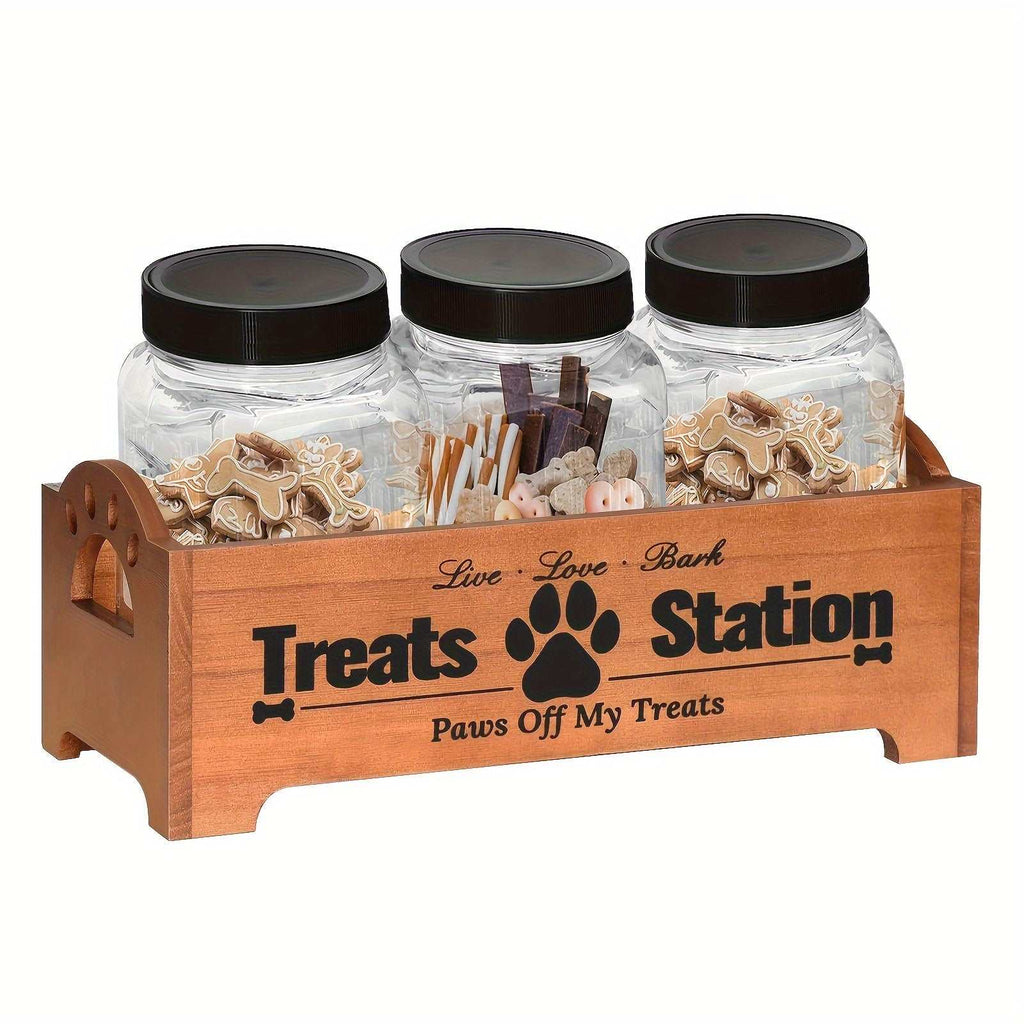 Wooden pet treat station with three clear plastic jars for dog and cat food storage
