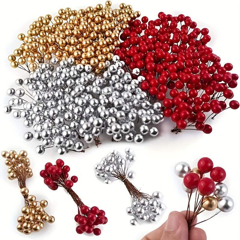 100pcs vibrant mixed color artificial red berries in red, gold, and silver for DIY holiday wreaths and home decor