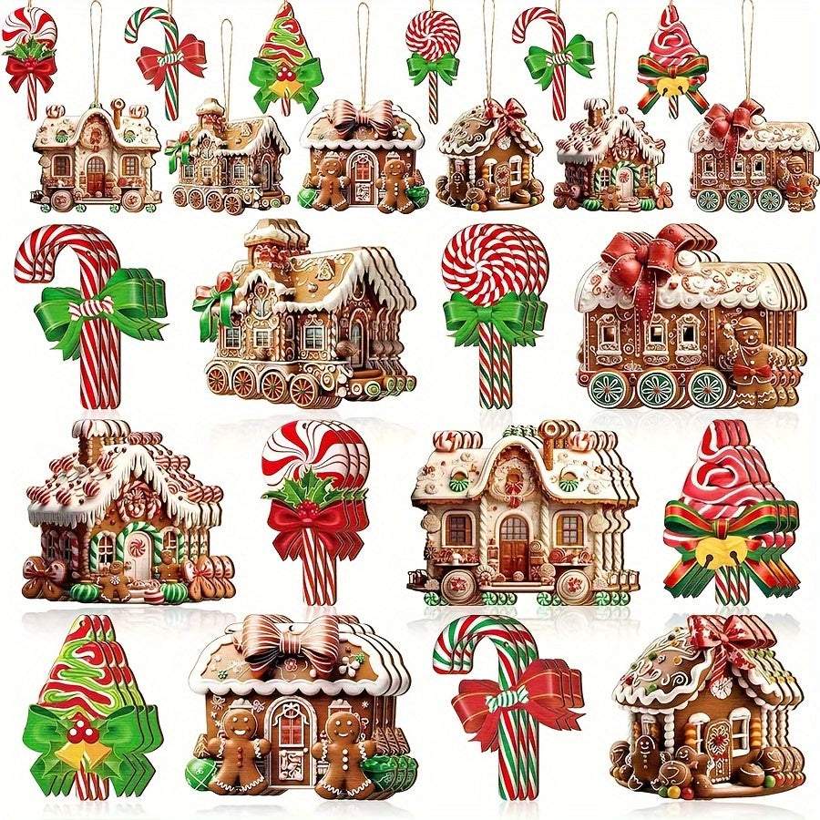 24pcs wooden Christmas decor set with candy, gingerbread houses, and tree ornaments for holiday hanging decoration