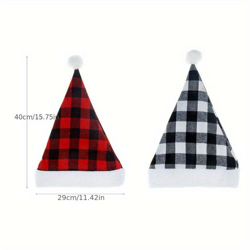 Red and black plaid party Christmas hats with white pom-poms and trim, cotton fabric, 40cm height, 29cm width, festive holiday decor