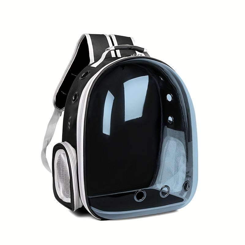 Oxford cloth transparent cat backpack with breathable double-shoulder design and space capsule style for pet travel.