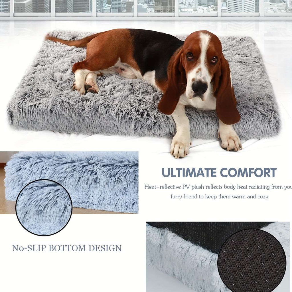 Plush rectangular dog bed with no-slip bottom and soft gray polyester material for ultimate comfort and warmth for dogs and cats