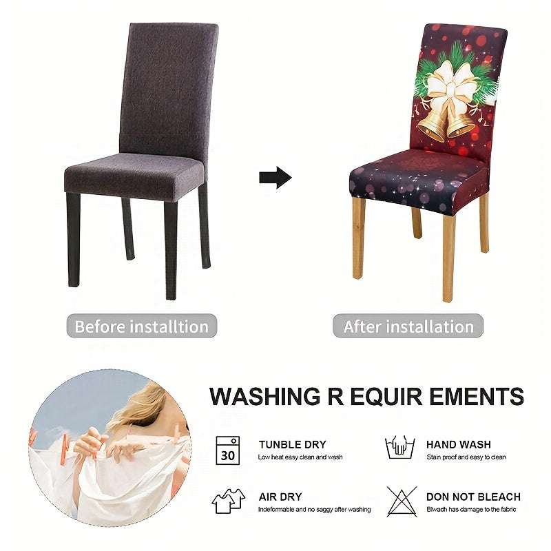 Milk velvet elastic Christmas red bells pattern dining chair slipcover before and after installation showing festive home decor
