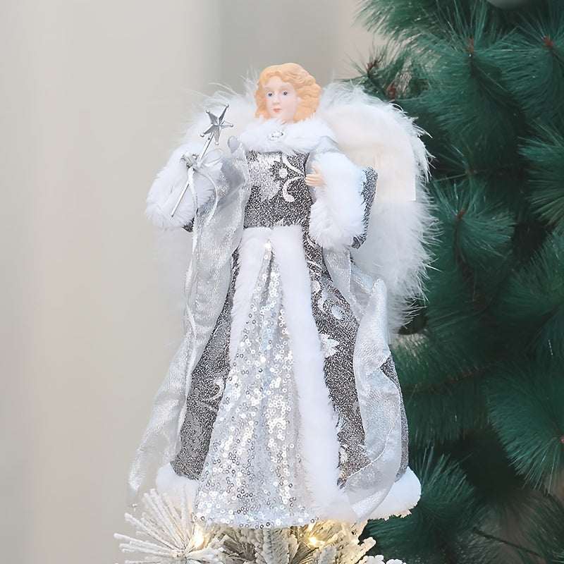 Christmas Tree Topper Angel in silver and white with sequins and feathers on tree top