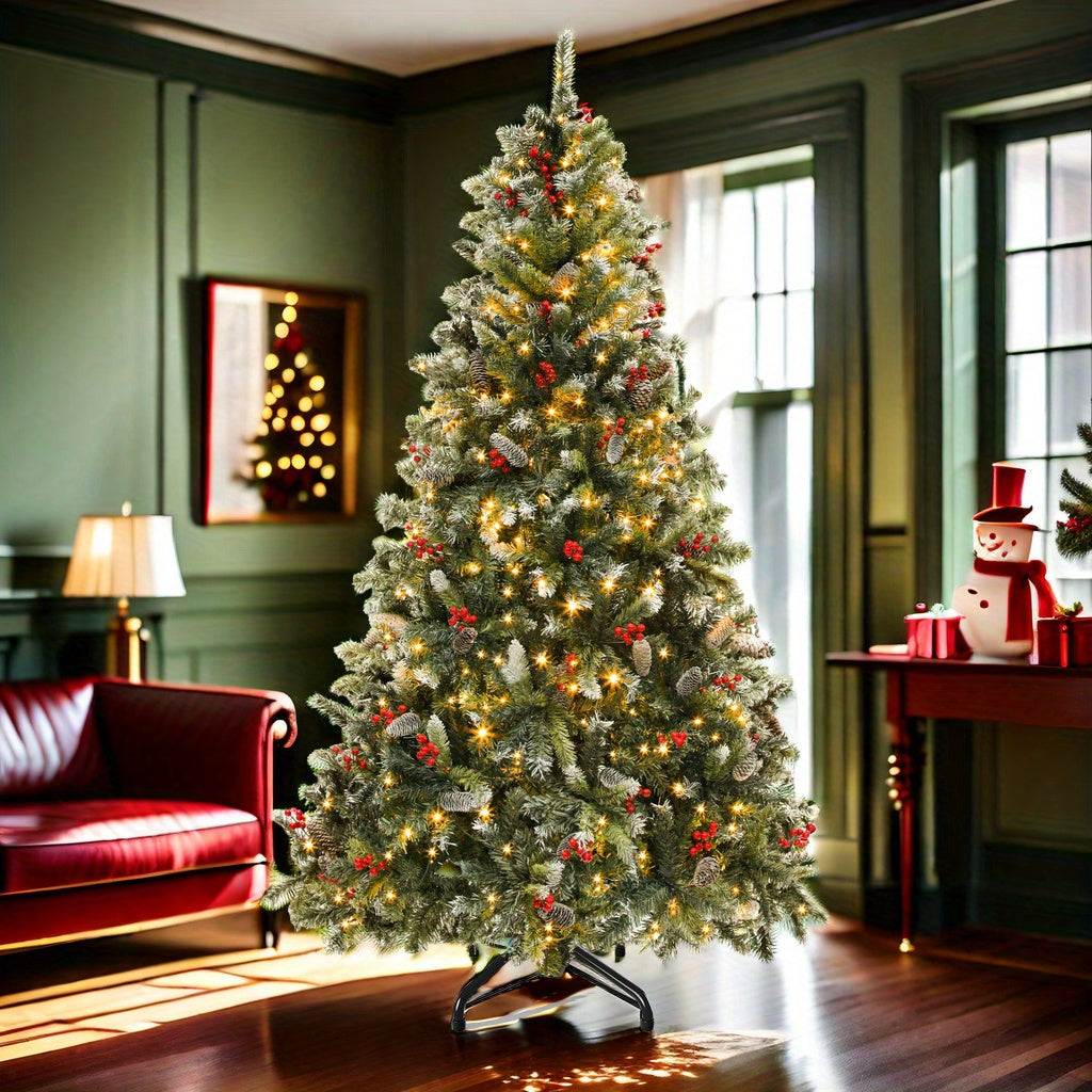 Pre-lit pre-decorated pine artificial Christmas tree with flocked tips, lights, pine cones, and red berries in a cozy living room setting