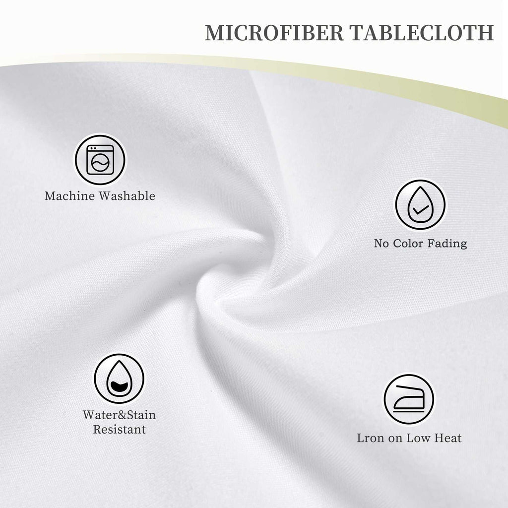 White polyester tablecloth fabric with microfiber texture highlighting machine washable, no color fading, water and stain resistant, and low heat ironing features