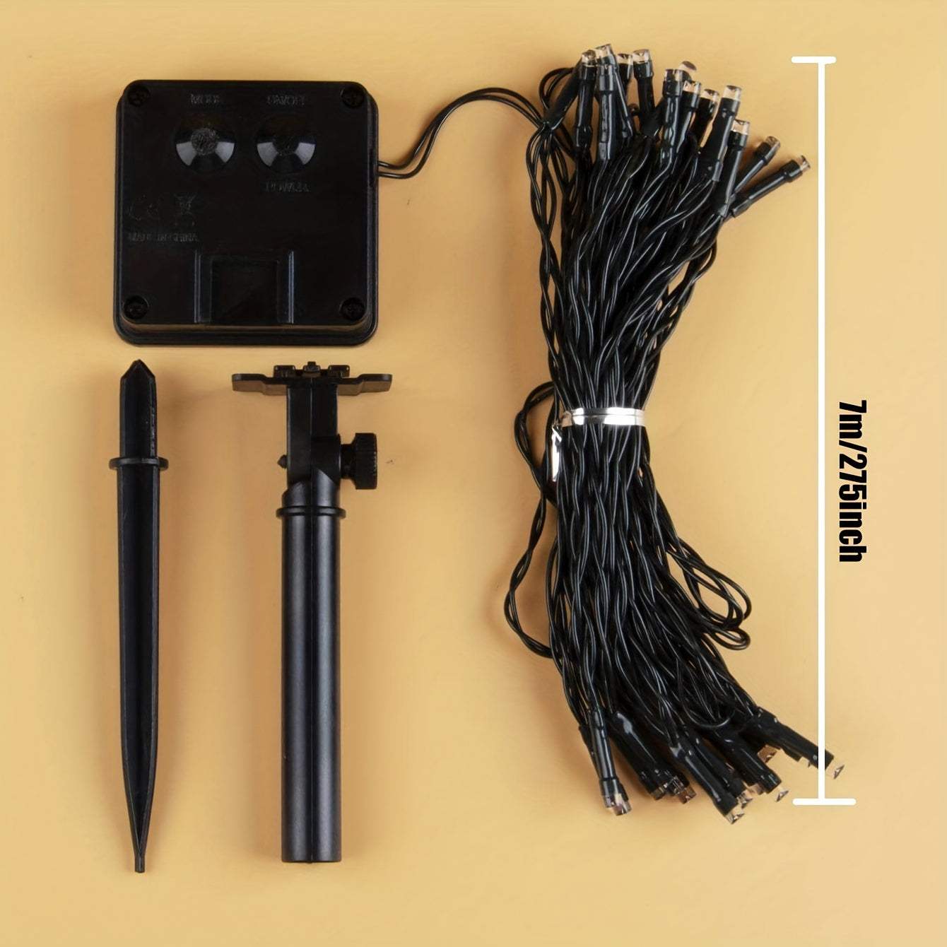 7m solar string light with solar panel, ground stake, and black wiring for outdoor decoration