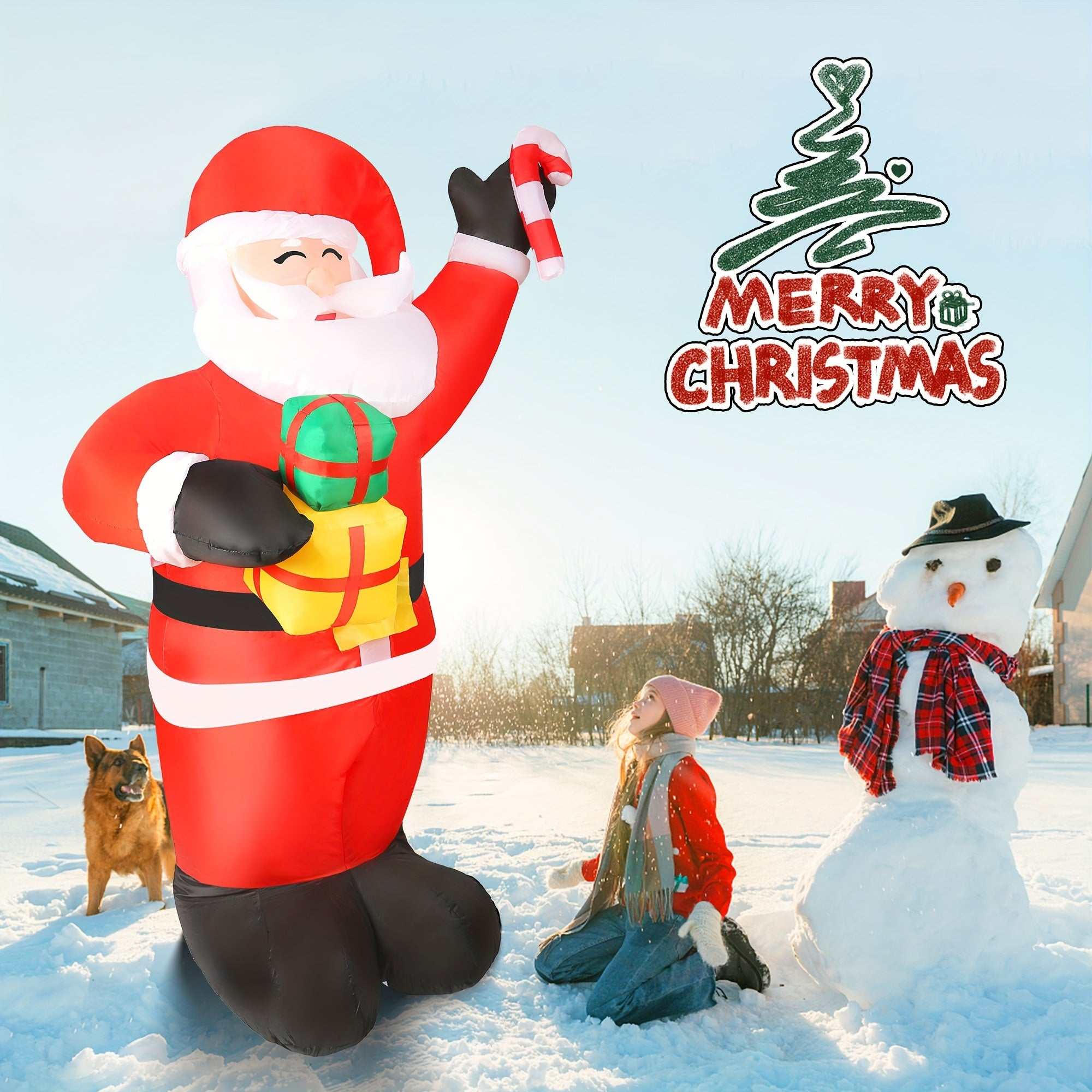 JJ JUJIN 6 Ft Christmas Inflatable Santa Claus decoration in snow with child and snowman outdoors