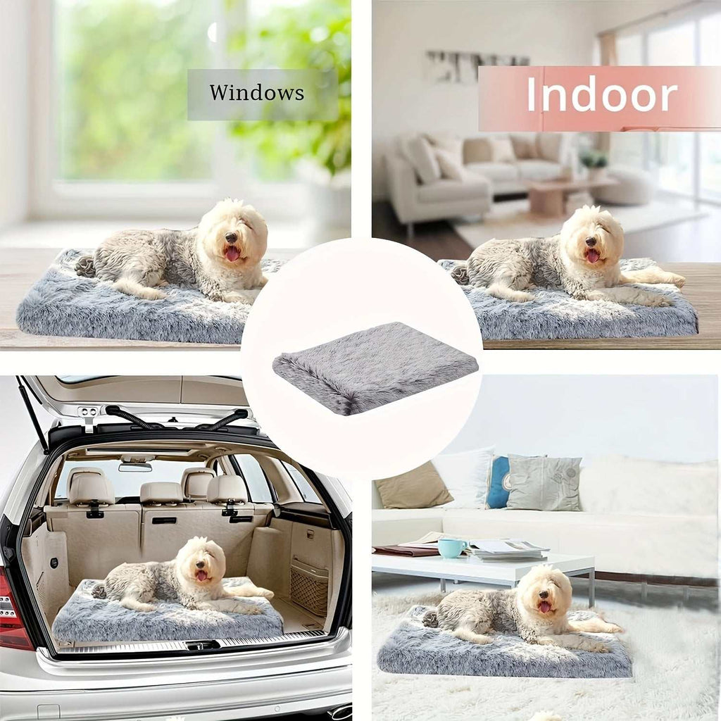 Plush rectangular dog bed with soft grey fabric, shown with a small dog resting indoors and in a car trunk, non-slip pet mat for dogs and cats