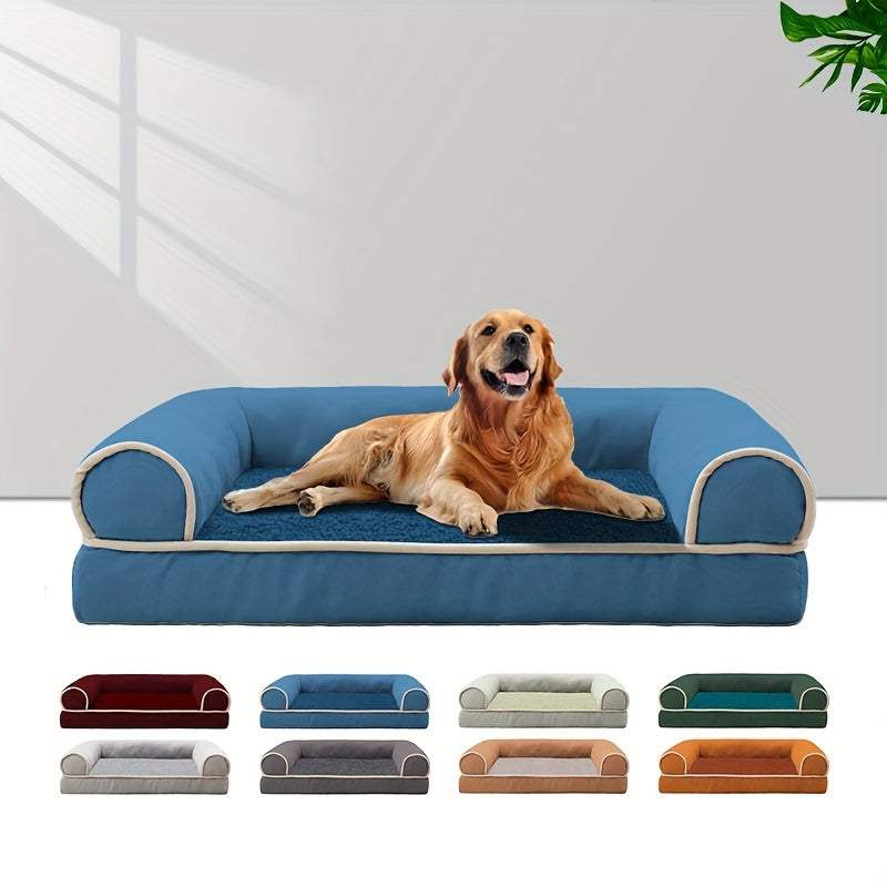 Blue dog sofa with a golden retriever lying comfortably, available in multiple colors and sizes for small to large dogs