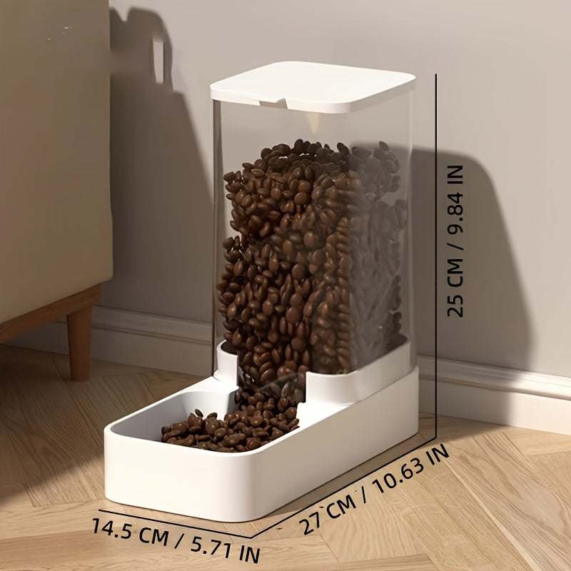 white automatic gravity pet feeder with transparent food container filled with dog food placed on wooden floor next to wall