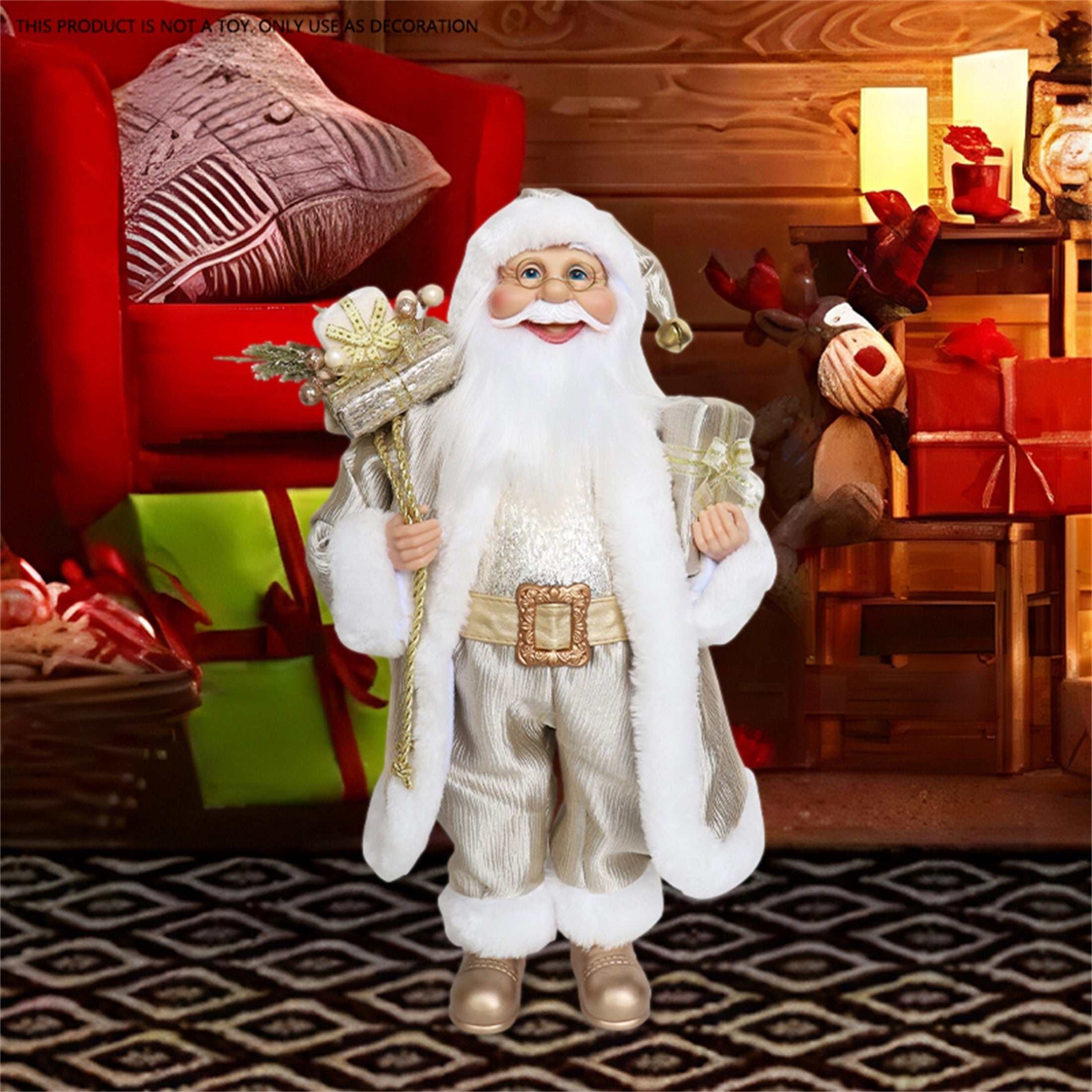 Champagne golden Santa Claus figurine Christmas decor fabric classic style 18 inch no power needed