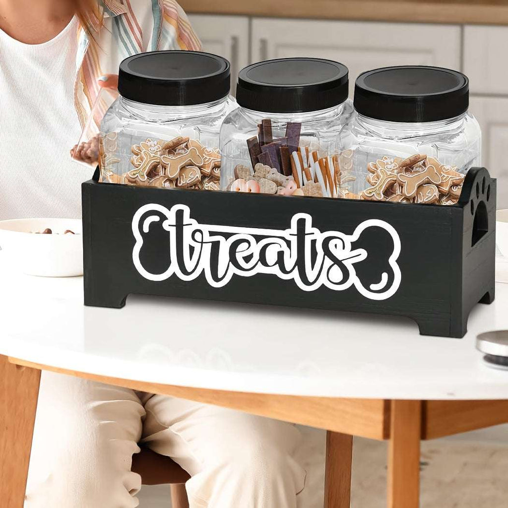 Wooden Pet Treat Station with 3 clear jars for dog and cat food storage organizer