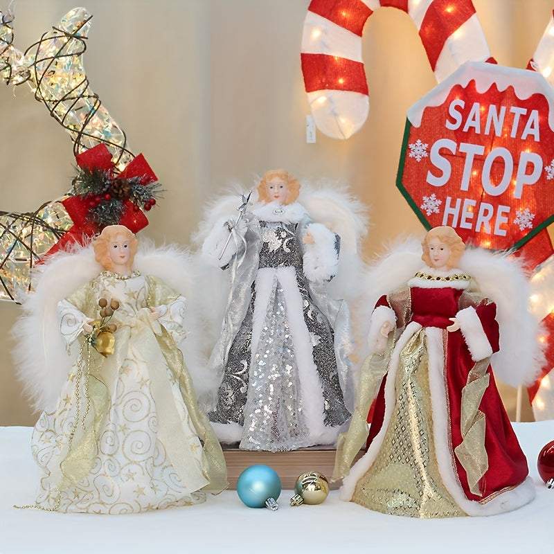 Christmas tree topper angel figurines with festive gowns and wings for Christmas decor