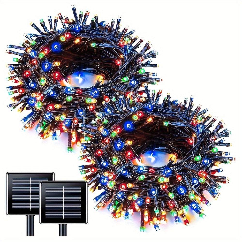 Colorful solar string lights with two solar panels for outdoor decoration and multiple lighting modes