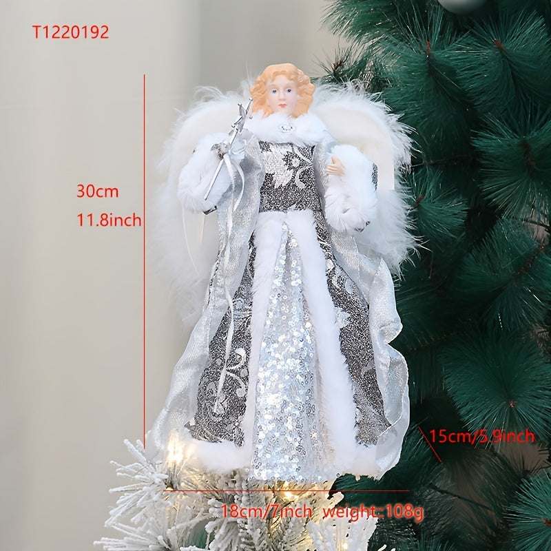 Christmas tree topper angel with silver and white fabric dress and feather wings, 30cm tall festive decoration